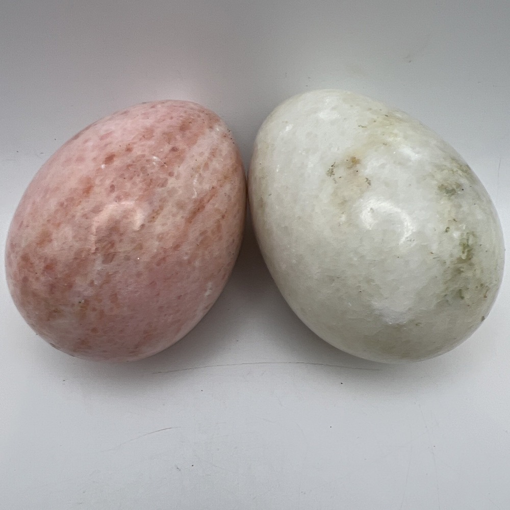 Lot of 2 Polished Stone Eggs Pink Marble & White Alabaster Style Decorative
